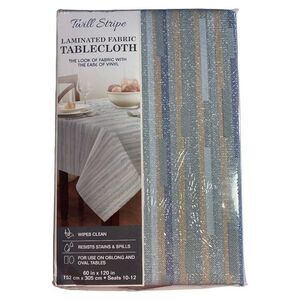 Twill Striped Laminated Fabric Dinner Table Tablecloth 60" x 120" Blue Tan  NEW!